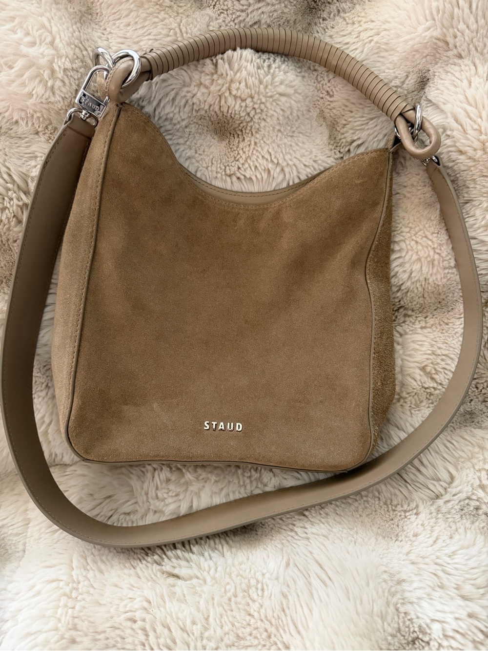STAUD Mel Suede Shoulder Hobo in Camel